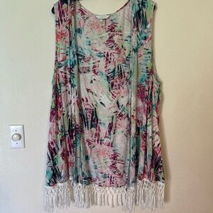 CJ Banks Multicolor Sleeveless Boho/Beachy Open Front Fringe Detail 3X